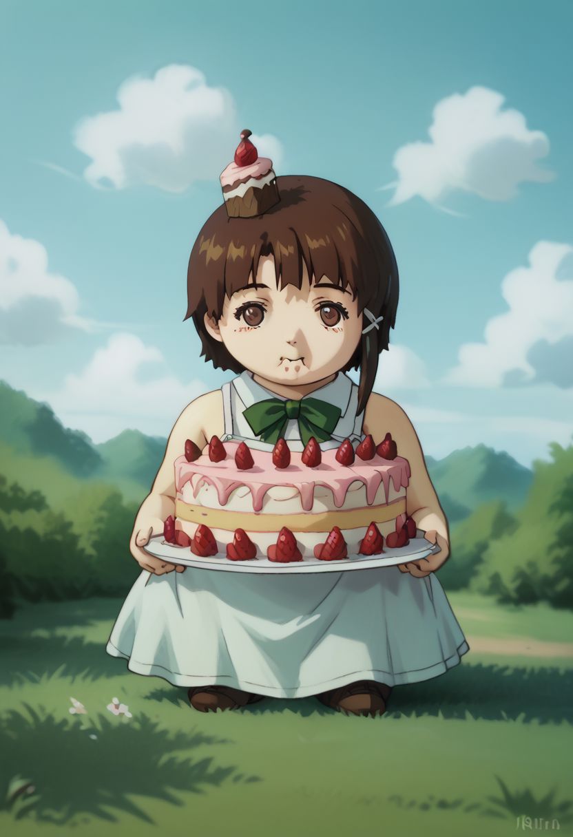 score_9, score_8_up, score_7_up, score_6, source_anime, lain, brown hair, ((light green camisole, green bowtie)), table, tartan tablecloth, ((chibi, gluttonizing, chubby, devouring cake, bulimic eating, overindulging, overeating)), (((big giant fat wedding-cake, giant huge cake, enormous layered cake, tall cake))), cute, ((close view)), clouds sky background, outdoors, airborne
