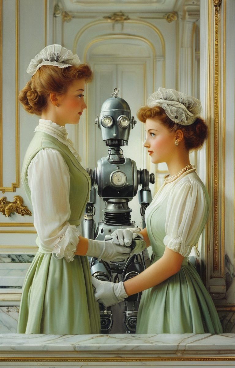 masterpiece,best quality,<lora:tbh362-sdxl:0.6>,illustration,style of  Vittorio Reggianini, portrait of Housework robots