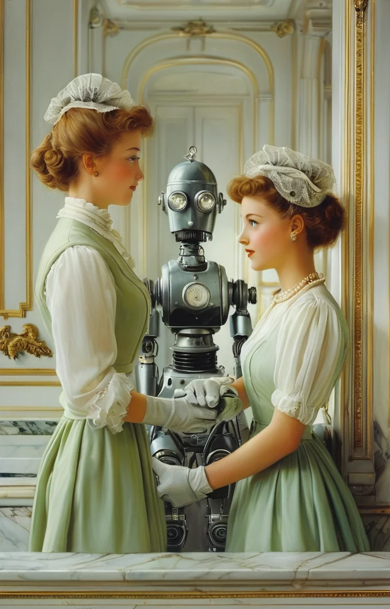 masterpiece,best quality,<lora:tbh362-sdxl:0.6>,illustration,style of  Vittorio Reggianini, portrait of Housework robots