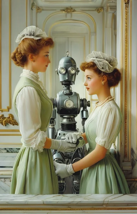 masterpiece,best quality,<lora:tbh362-sdxl:0.6>,illustration,style of  Vittorio Reggianini, portrait of Housework robots