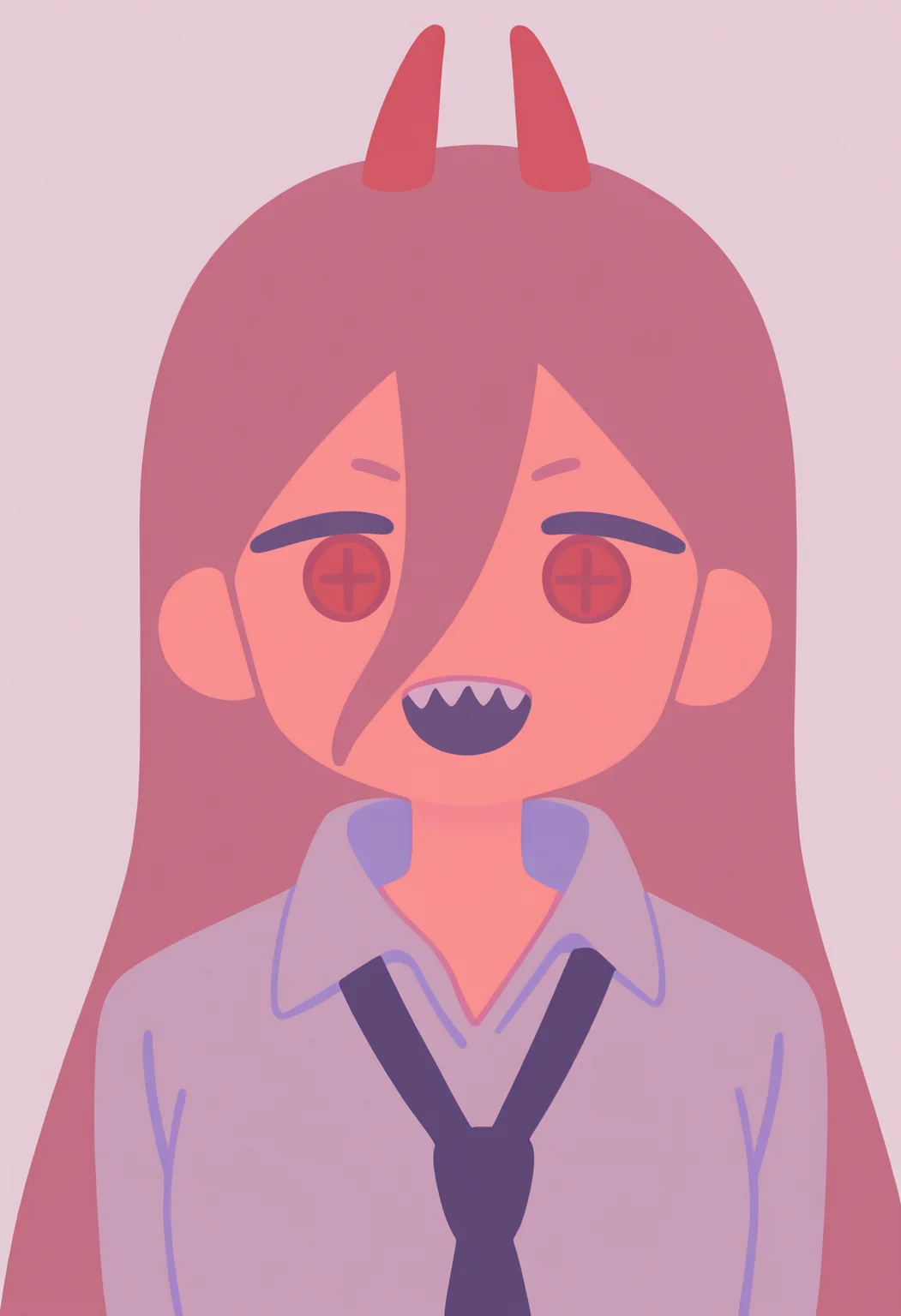 best quality, amazing quality, very aesthetic, absurdres,
1girl, power \(chainsaw man\), pink hair, blonde hair, red horns, red eyes, cross-shaped pupils, long hair, sharp teeth, hair between eyes, symbol-shaped pupils,
collared shirt, black necktie, long sleeves,
looking at viewer, white shirt, open mouth,
simple background, white background, smile, upper body
<lora:MinimalistFlatColorXL_byKonan:0.8>