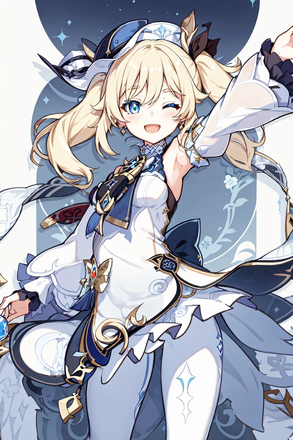 Genshin Impact Style, 1girl, solo, long hair, looking at viewer, smile, open mouth, blue eyes, blonde hair, long sleeves, hat, dress, bow, bare shoulders, twintails, pantyhose, frills, detached sleeves, one eye closed, white dress, arm up, book, white headwear, drill hair, ;d, twin drills, white pantyhose, white sleeves, vision (genshin impact), <lora:EMS-43350-EMS:1.000000>
