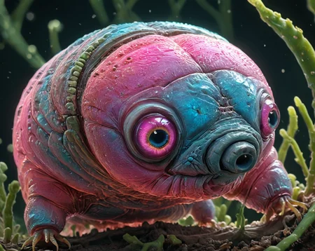 score_9, score_8_up, score_7_up, macro photography, (photorealistic:1.3), tardigrade, transparent skin, iridescent eyes, ,transparent, pink and blue color pallet, asymmetric, intricate details, bold lines, hyperrealism, incredibly lifelike, small scale setting, alien starship, set in a drop of water, <lora:TheWeirdies:1.0> TheWeirdies, animal focus, no humans, <lora:Surrealist_Composition_XL:0.7> strangecomposition, <lora:Tardi:0.5> tardigrade, <lora:add-detail-xl:1>