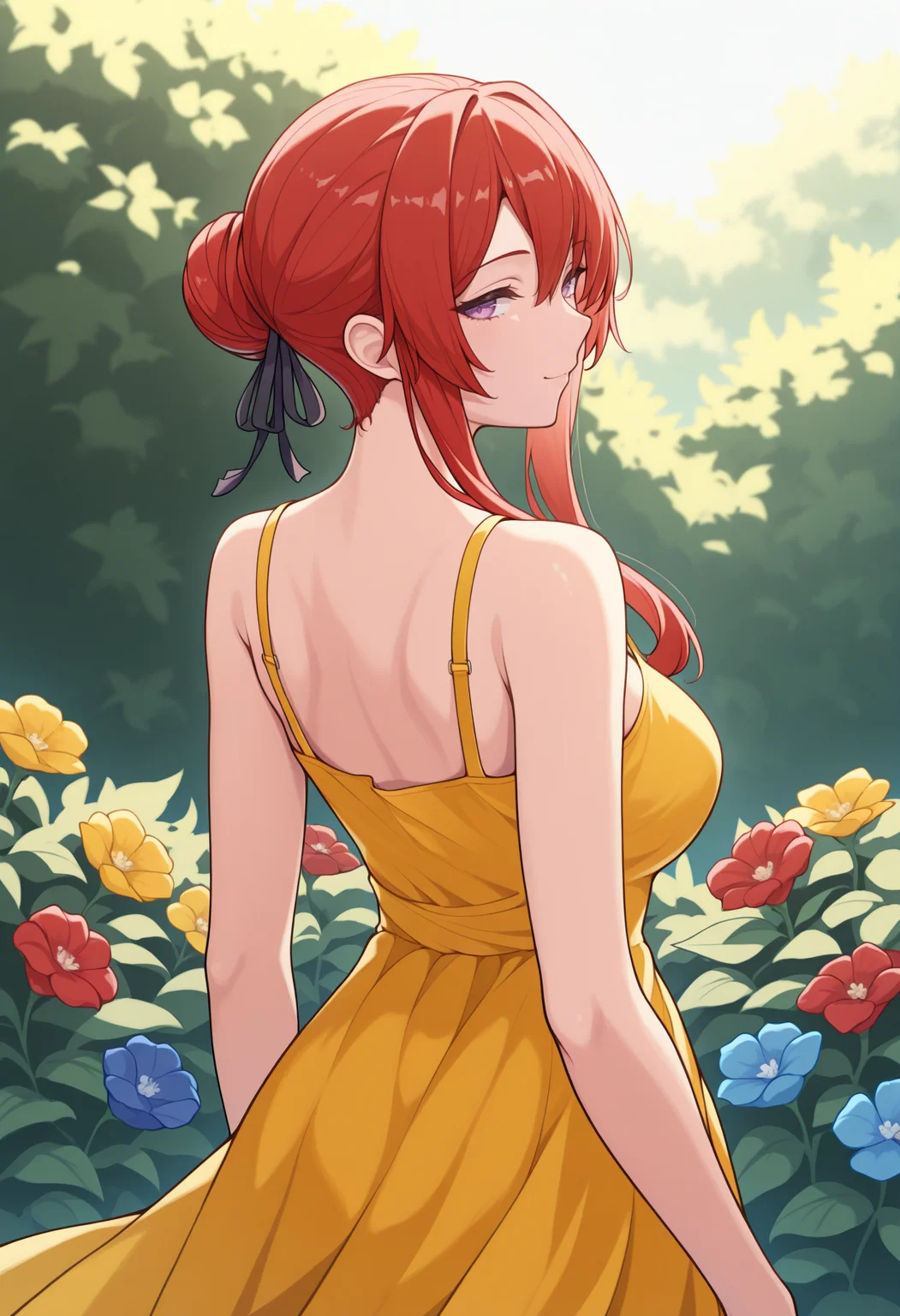 masterpiece, best quality, 1girl, solo, MonarchAL, purple eyes, red hair, hair bun, sidelocks, black hair ribbon, from behind, outdoors, looking back, smile, yellow sundress, garden, flower, red flower, blue flower, yellow flower, purple flowe, <lora:ChamMonarchIllustriousXL:1>