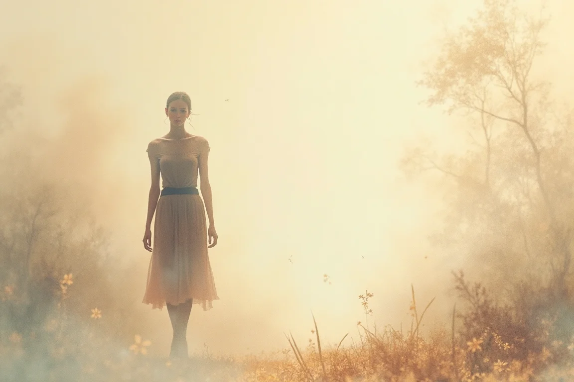 A captivating and cinematic artwork that masterfully blurs the line between reality and art. This mesmerizing piece seamlessly combines watercolor and gouache techniques, resulting in a dreamy, ethereal backdrop. The soft beige tones dissolve into translucent, hazy layers, giving the scene a surreal depth and atmosphere. The protagonist, a vividly defined character, stands out against the dreamlike background, commanding attention. This striking image would make an incredible poster, inviting viewers to immerse themselves in its mysterious and fantastical world., cinematic, poster