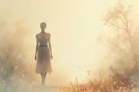 A captivating and cinematic artwork that masterfully blurs the line between reality and art. This mesmerizing piece seamlessly combines watercolor and gouache techniques, resulting in a dreamy, ethereal backdrop. The soft beige tones dissolve into translucent, hazy layers, giving the scene a surreal depth and atmosphere. The protagonist, a vividly defined character, stands out against the dreamlike background, commanding attention. This striking image would make an incredible poster, inviting viewers to immerse themselves in its mysterious and fantastical world., cinematic, poster