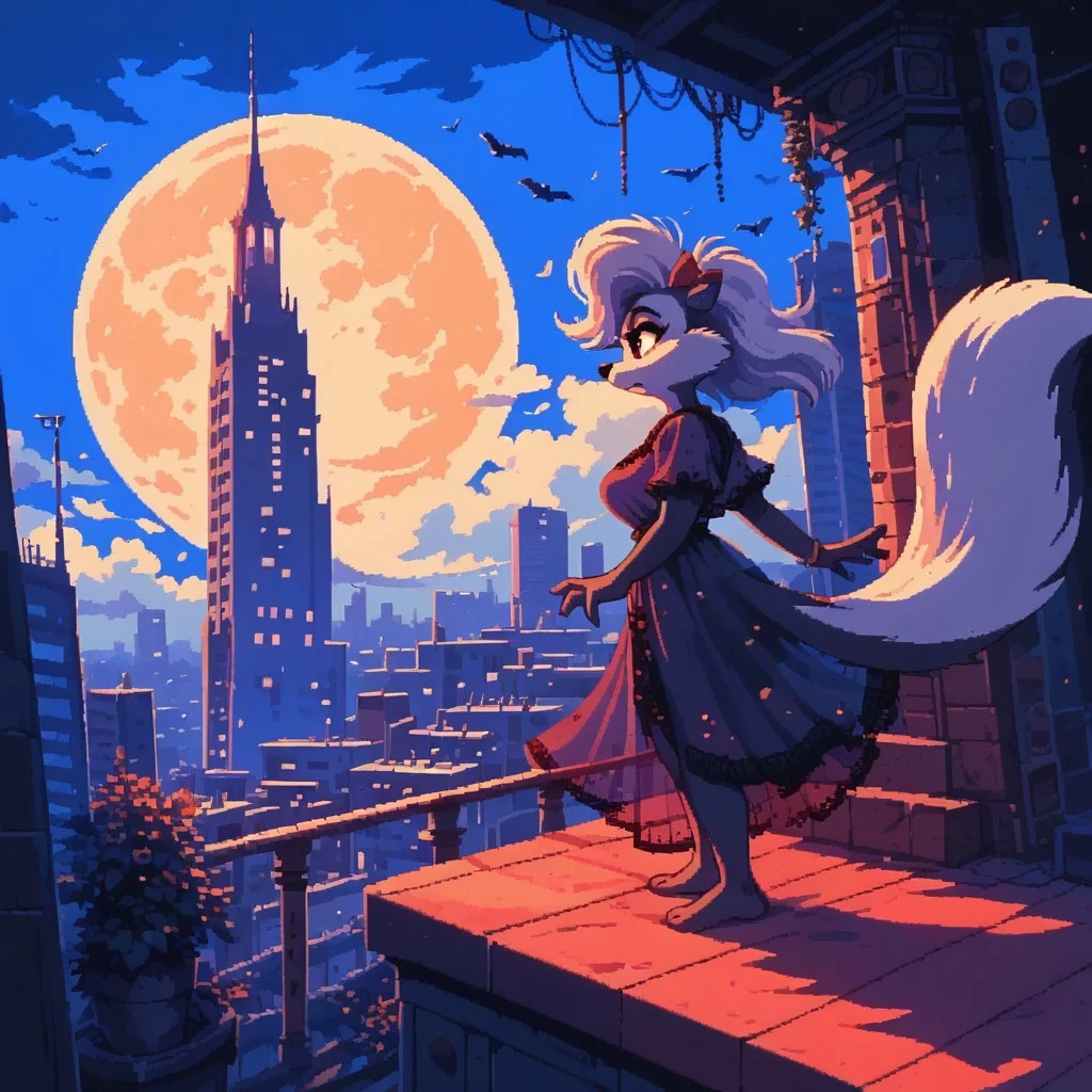 ((dutch angle)), (Fifi la fume fuming), looking to the side, standing in a balcony at night, city skyline, Highrise, breeze, solo, female, [[[skunk]]], [[[ear bow]]], short stack, anthro, young,  big breasts, (nightgown) with lace undergarments, ((wind effects on nightgown)), pinup, <lora:FifilafumeTMS_Version1.0:1.00>, fluffy tail, <lora:90s_Retro_anime_style_Pony:1>, <lora:d3p1x3lXLP:1> pixel art, score_9, score_8_up, score_7_up, score_6_up, source_furry,
detailed background,