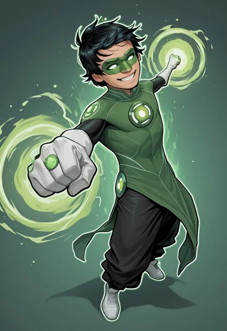masterpiece, absurdres, high quality, perfect anatomy, 1boy, solo, cute boy, male focus, TaiPham, Black Hair, Green Lantern Ring, Green Lantern Costume, Green and Black Bodysuit, Green Domino Mask, White Eyes, White Gloves, Pelvic Curtain, Black Pants, White Shoes, Glowing Green Outline, Green Energy Aura, floating, levitating, big smile, cinematic, intricately detailed illustration, depth of field, masterpiece, best quality, amazing quality, very aesthetic, absurdres, newest, very awa,  shadow, dynamic angle, casual cosplay, dynamic pose, simple background, green theme, Arwe, Dynamism, Foreshortening, holding green lantern, holding lantern
