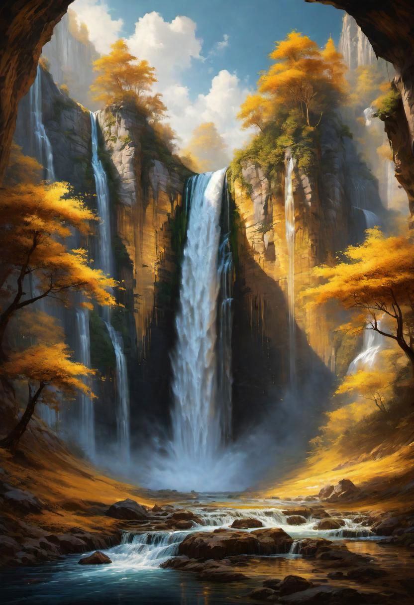 a landscape of a waterfall with gold water,
 masterpiece, highly detailed,
EdobHorrorLandscape,