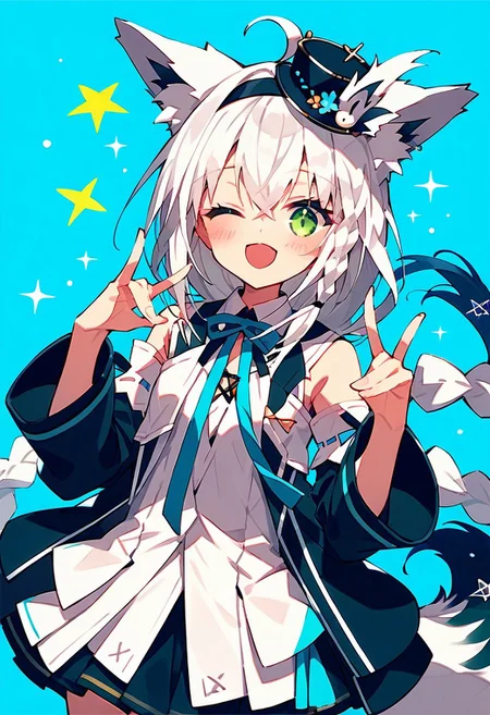 score_9,score_8_up,score_7_up,source_anime, SHIRAKAMI_FUBUKI,1girl,solo,long hair,looking at viewer,blush,smile,open mouth,bangs,skirt,simple background,shirt,hair ornament,animal ears,hair between eyes,green eyes,jacket,tail,braid,flower,ahoge,white hair,sidelocks,hairband,detached sleeves,one eye closed,virtual youtuber,chibi,animal ear fluff,fox ears,sparkle,single braid,multiple views,fox tail,blue background,fox girl,mini hat,fox shadow puppet,pentagram,double fox shadow puppet,shirakami fubuki,