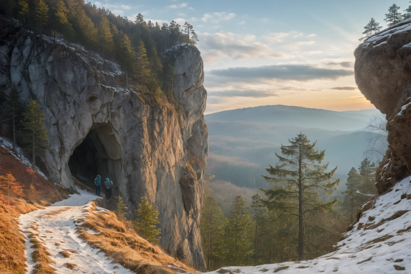 Hyperrealistic art professional photo, scenery, path through cliffs up to hill to rock window, forest, (dramatic sky, journal cover shot, natural colors, correct white balance, color correction, dehaze,clarity), . Extremely high-resolution details, photographic, realism pushed to extreme, fine texture, incredibly lifelike <lora:When_autumn_meets_winter_XL:1>