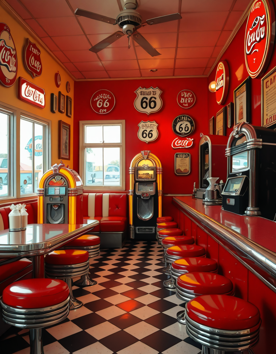 A classic 1950s American diner with a nostalgic retro atmosphere. The interior features red and white leather booth seating, chrome-trimmed tables, and a long counter with matching red barstools. A vintage jukebox with colorful neon lights stands against the wall, ready to play rock 'n' roll hits. The checkered black-and-white floor contrasts with pastel-colored walls adorned with Coca-Cola signs, Route 66 memorabilia, and classic diner menus. A row of shiny chrome napkin dispensers and glass salt and pepper shakers sit neatly on the tables. A milkshake machine and an old-fashioned soda fountain rest behind the counter, next to a vintage cash register. Large windows let in soft daylight, reflecting off the gleaming surfaces, creating a warm and inviting retro ambiance.
<lora:SDXLFaeTastic2400:0.4> <lora:extremely_detailed:0.4> extremely detailed,1950s American d1n3r, <lora:1950s_American_d1n3r-i:1>, Masterpiece,best quality,hi res,8k,hi res,8k,award winning,(sharp focus, intricate, highly detailed),