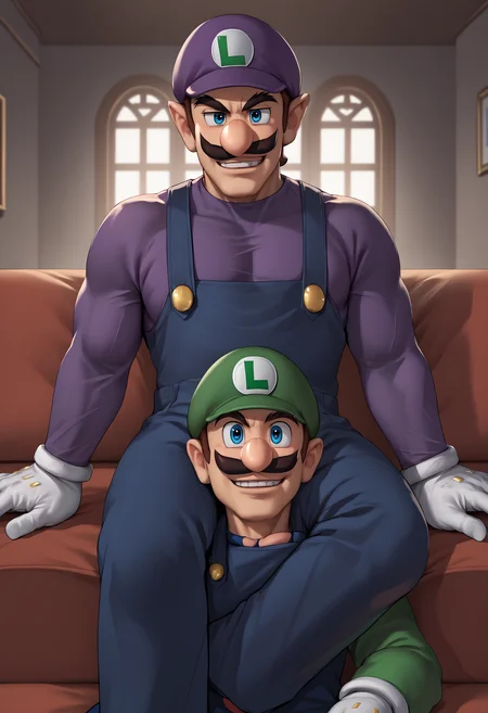 score_9, score_8_up, score_7_up, source_anime, scissorhold, leg lock, <lora:Scissorhold_BetweenThighs_XLPD:1>, sitting, indoors, 2boys, evil smile, seductive smile, Incrsluigi, luigi, green headwear, blue overalls, white gloves, long sleeves, <lora:Luigi_XLPD:1>, <lora:ChamWaluigiPonyXL:0.7>, Waluigi, mustache, teeth, pointy ears, brown hair, hat, purple headwear, purple shirt, muscular male,