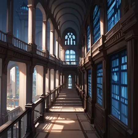 score_9, score_8_up, score_7_up, score_6_up, jedi temple, star wars, scenery, stairs, window, no humans, shadow, night, railing, building, indoors, hallway, archive, archives