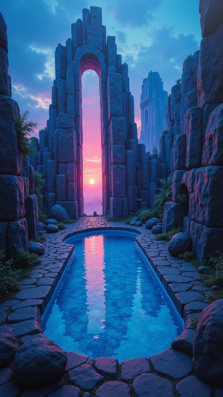 painting by Borderland Karolina, A Game of Pool art, The painting depicts a towering structure made of Suspicious, earthy stone. In the center of it all, a magic atmosphere Magenta aerial shot stretches out before the viewer. at Dusk, "Hips don't lie, they never lie.", surreal, Blue, surrealism, [Deteriorating:Disgusting:3], aidmafluxproultra