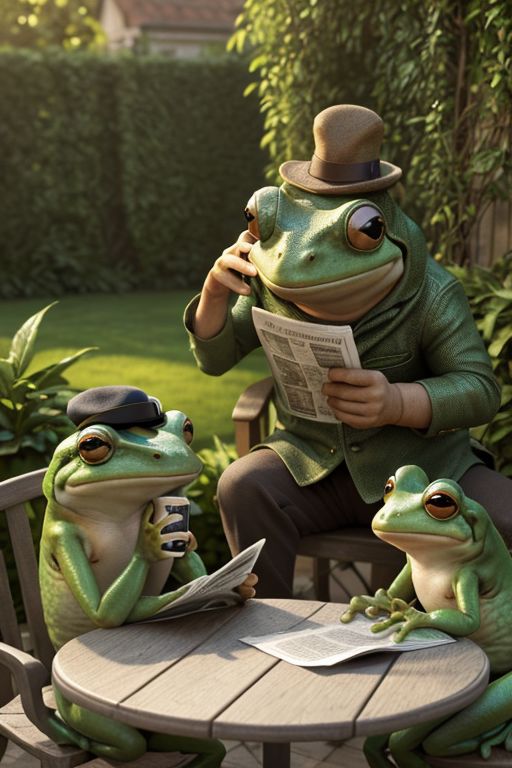 funny, complex scene, HD, Concept art, beautiful home garden full of detais in a sunny day, background, masterpiece, best render, high res, best resolution, photorealistic, 2 funny  frogs  are reading a newspaper on a garden table sitting on chairs while drinking cofee, highly detailed frogs, funny, frog wearing a detective hat
