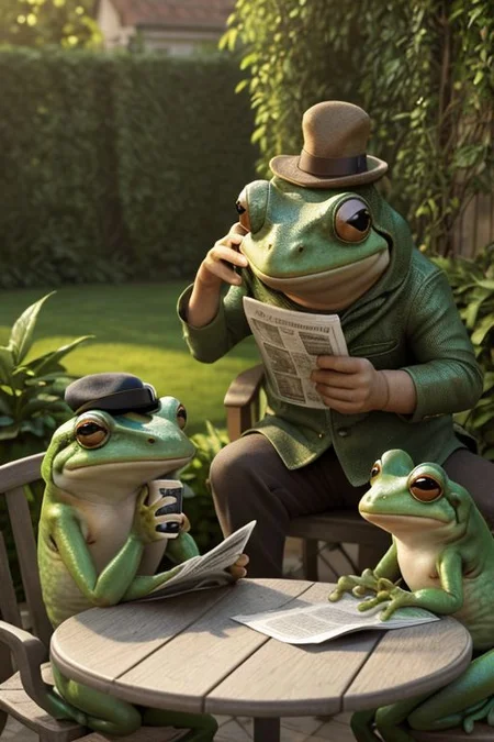 funny, complex scene, HD, Concept art, beautiful home garden full of detais in a sunny day, background, masterpiece, best render, high res, best resolution, photorealistic, 2 funny frogs are reading a newspaper on a garden table sitting on chairs while drinking cofee, highly detailed frogs, funny, frog wearing a detective hat