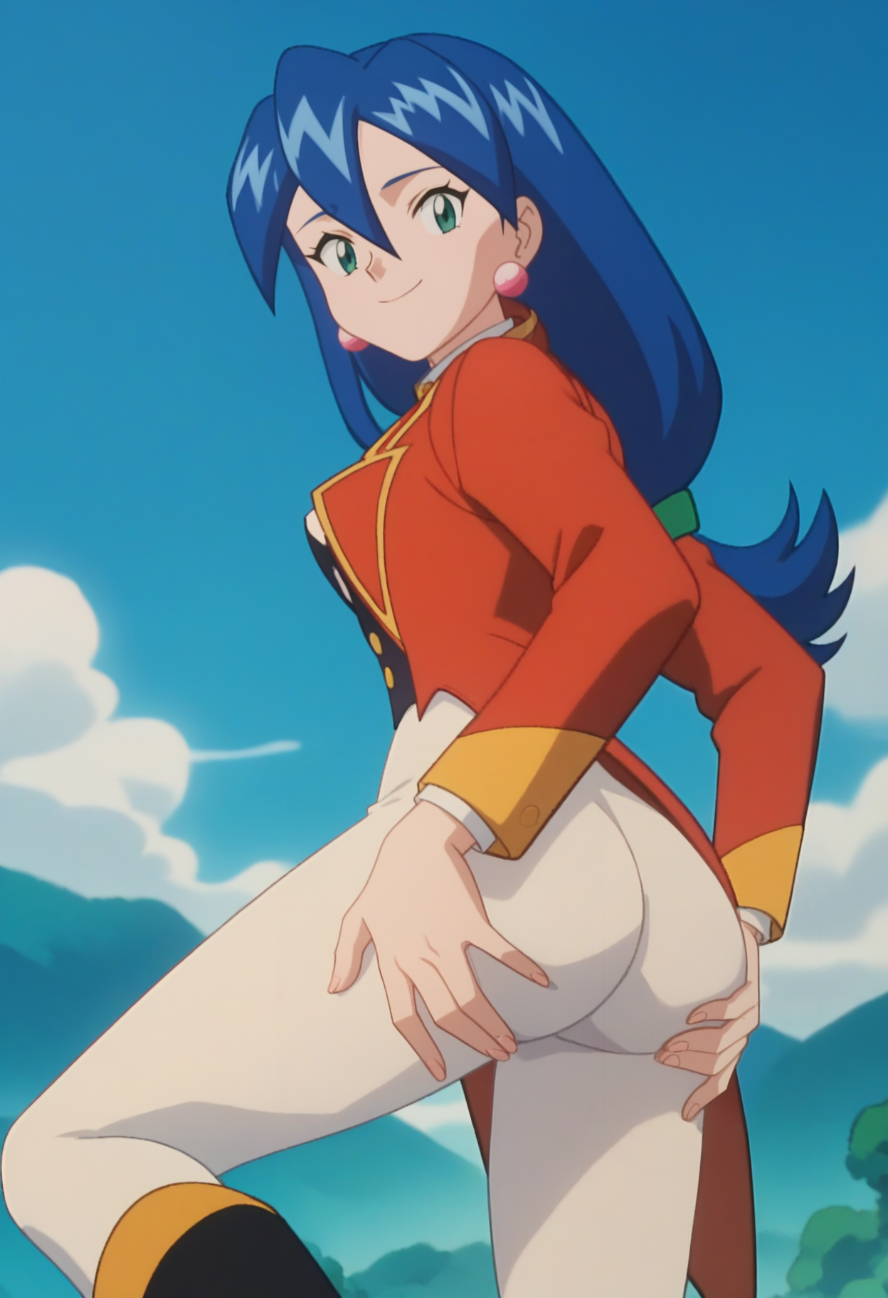 score_9, score_8_up, score_7_up, score_6_up, anime screencap, anime coloring, <lora:PMStella_epoch_10:1>, PMStella, 1girl, solo, blue hair, low-tied long hair, green hair tie, hair between eyes, green eyes, earrings,
red tailcoat, white pants,
knee boots, black footwear,
looking at viewer, smile, looking back, ass, ass focus, ass grab, 
BREAK blue sky, sunlight, day, sunbeam,