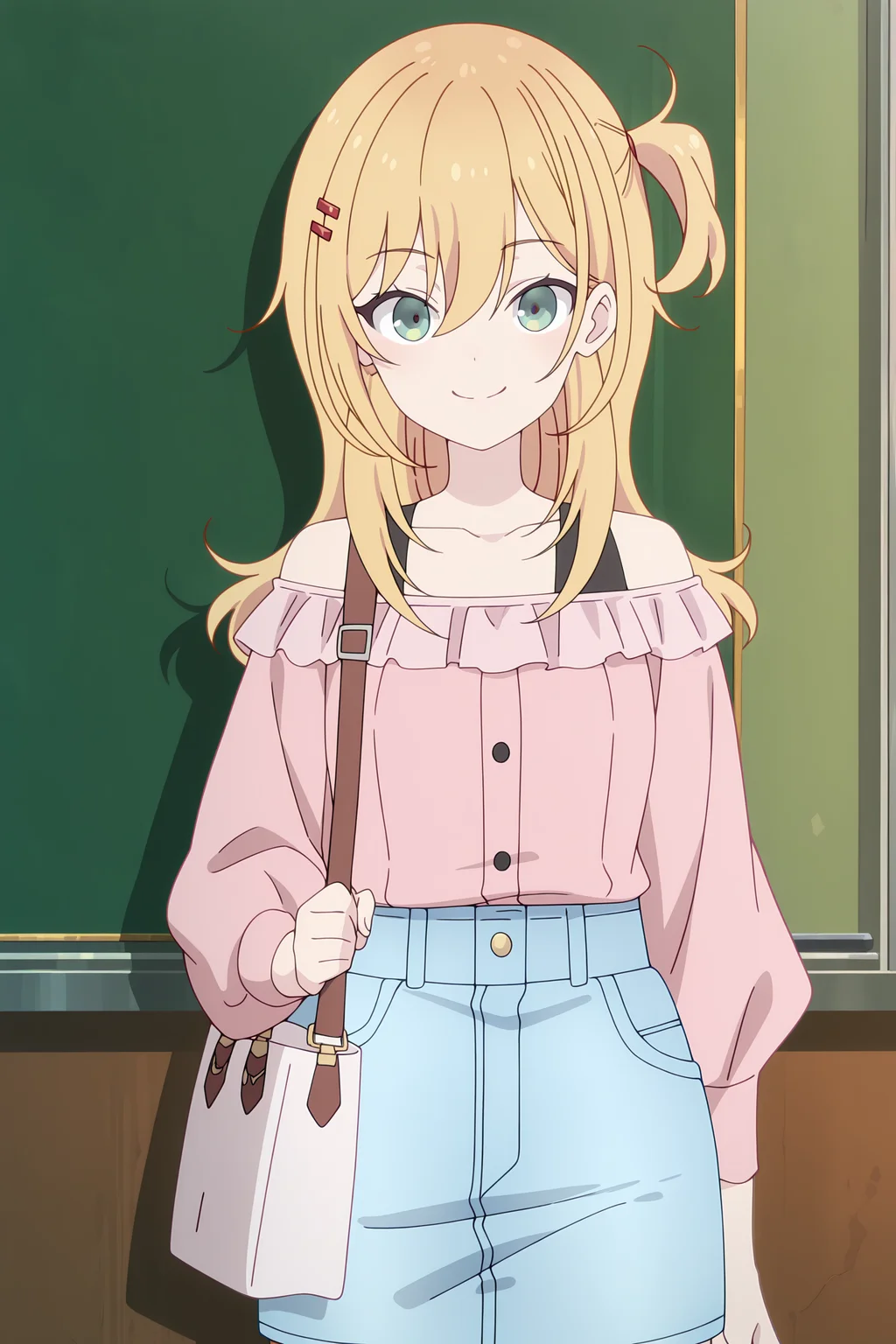 volumetric lighting, official style, amazing quality, ultra detailed, highres, detailed background, anime screenshot, anime screencap, anime coloring, masterpiece, detailed face,1girl <lora:nana_hoshi__-20:1>nana_hoshi, nana_hoshi(outfit 1), blonde hair, pink off-shoulder shirt, long hair, off shoulder, long sleeves, solo, one side up, hair ornament, bare shoulders, bangs, bag, collarbone, closed mouth, green eyes, hair between eyes, smile, shoulder bag, denim skirt, looking at viewer, chalkboard
