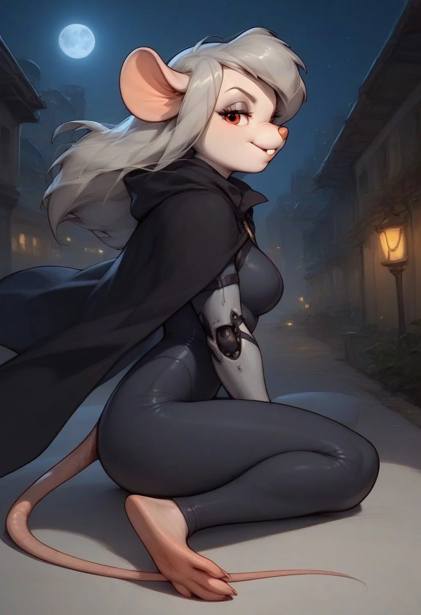 score_9, score_8_up, score_7_up, score_6_up, score_5_up, score_4_up, city, night, moon, moon light widget_h0Ickwrench, black diving suit, mouse girl, anthro mouse, black cloak, light grey hair, long hair, red eyes, white fur, evil look, bedroom eyes, looking at viewer, 3/4 side view, full body view, mouse feet, bare foot, sitting on ground, sexy pose, robotic arm