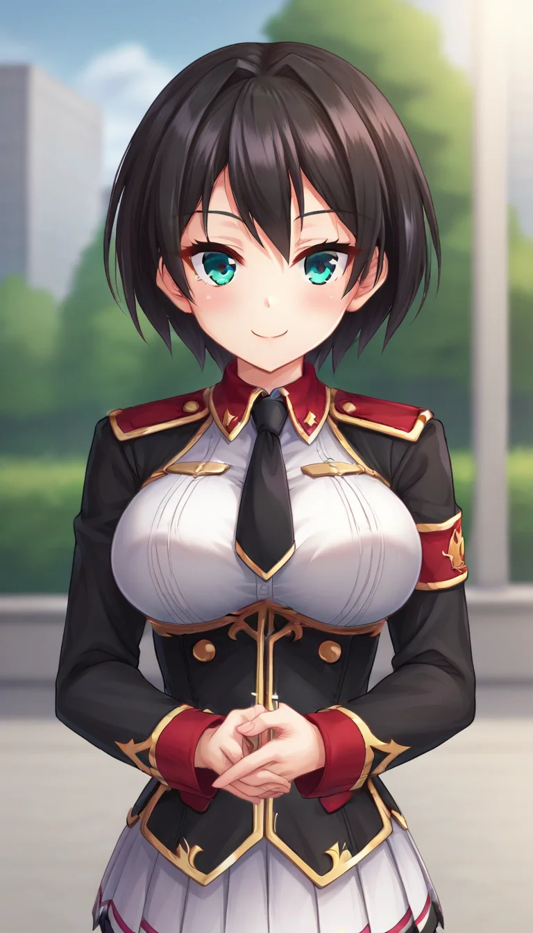 score_9,score_8_up,masterpiece,best quality,correct anatomy,anime_source,1girl,solo,perfect eyes,perfect arms,perfect legs,perfect face,outdoors,upper body,(portrait:1.5),looking at viewer,facing viewer,smile,blush,Azusa Riskross,black hair,short hair,hair intakes,bangs,aqua eyes,military uniform,black necktie,black jacket,cropped jacket,white shirt,black corset,long sleeves,large breasts,miniskirt,white skirt,pleated skirt,zettai ryouiki,garter straps,white thighhighs,lace-trimmed legwear,sneakers,black footwear,<lora:Azusa Riskross(uq)-Pony:1.2>,