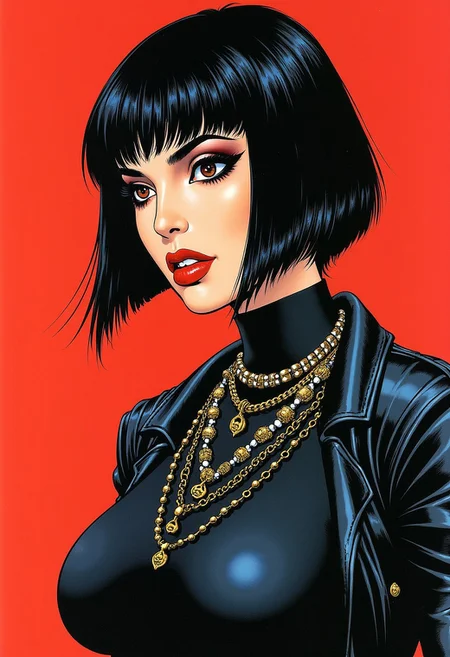 1990s comics style, detailed, closeup side portrait of stunning japanese goth woman, straight-cut bob, dark eyeshadow, red lips, necklaces, leather jacket, figure-hugging shirt