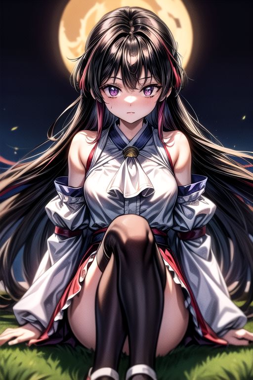 masterpiece,  best quality 1girl Setsun4 solo long hair,  (night time) forest background black hair very long hair purple eyes multicolored hair armor (fur trim) (medium body),<lora:EMS-179-EMS:0.800000>,<lora:EMS-293862-EMS:0.800000>ascot, bare shoulders, black footwear, detached sleeves, embellished costume, frills, japanese clothes, nontraditional miko, red skirt, sandals, sarashi, skirt, socks, armor, miko