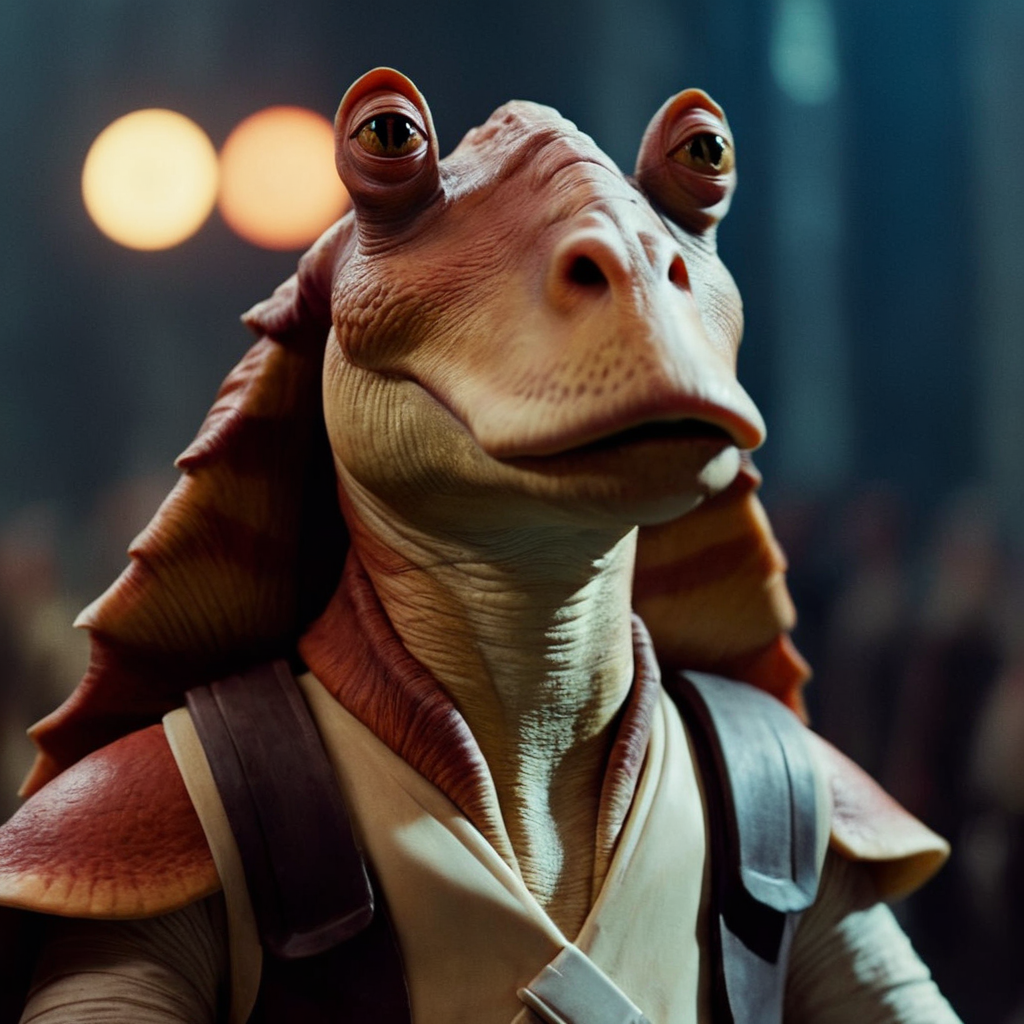 cinematic film still of  <lora:Jar Jar Binks :1>
Jar Jar Binks a close up of a person in a costume in star wars universe, shallow depth of field, vignette, highly detailed, high budget, bokeh, cinemascope, moody, epic, gorgeous, film grain, grainy