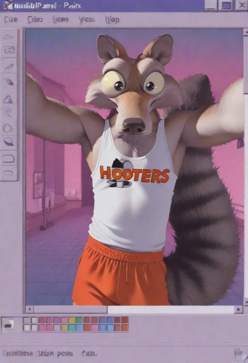 masterpiece, best quality, windows_98, microsoft_windows, microsoft_paint_(software), windows_95, windows_classic, window_(computing), desktop_(computing), cursor, taskbar, error_message, vaporwave, 1boy, Scrat, long snout, bushy tail, bulging eyes, striped tail, hooters outfit, white tank top, orange shorts
