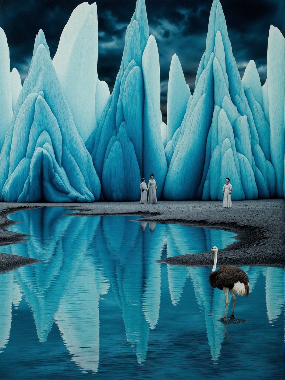 <lora:Florate Flux_v2_epoch_3:0.9> An Icelandic stretched Surrealism photograph  of slate blue and aquamarine and navy blue scene with many striated angular pale shapes. stormy lagoon. Ostrich. People, animals and characters are elongated.