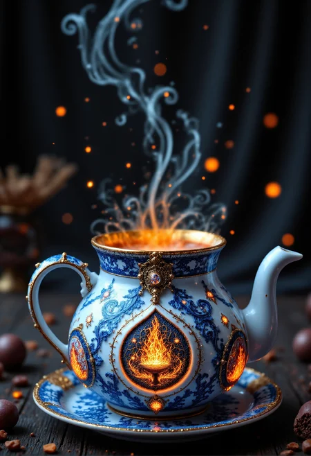 A porcelain teapot with swirling sapphire patterns, pouring a steaming liquid that glows softly like molten gold <lora:aidmaFLUXPro1.1-FLUX-v0.3.safetensors:1.0>, <lora:aidmaDall-E3-FLUX-v0.1.safetensors:1.0>,