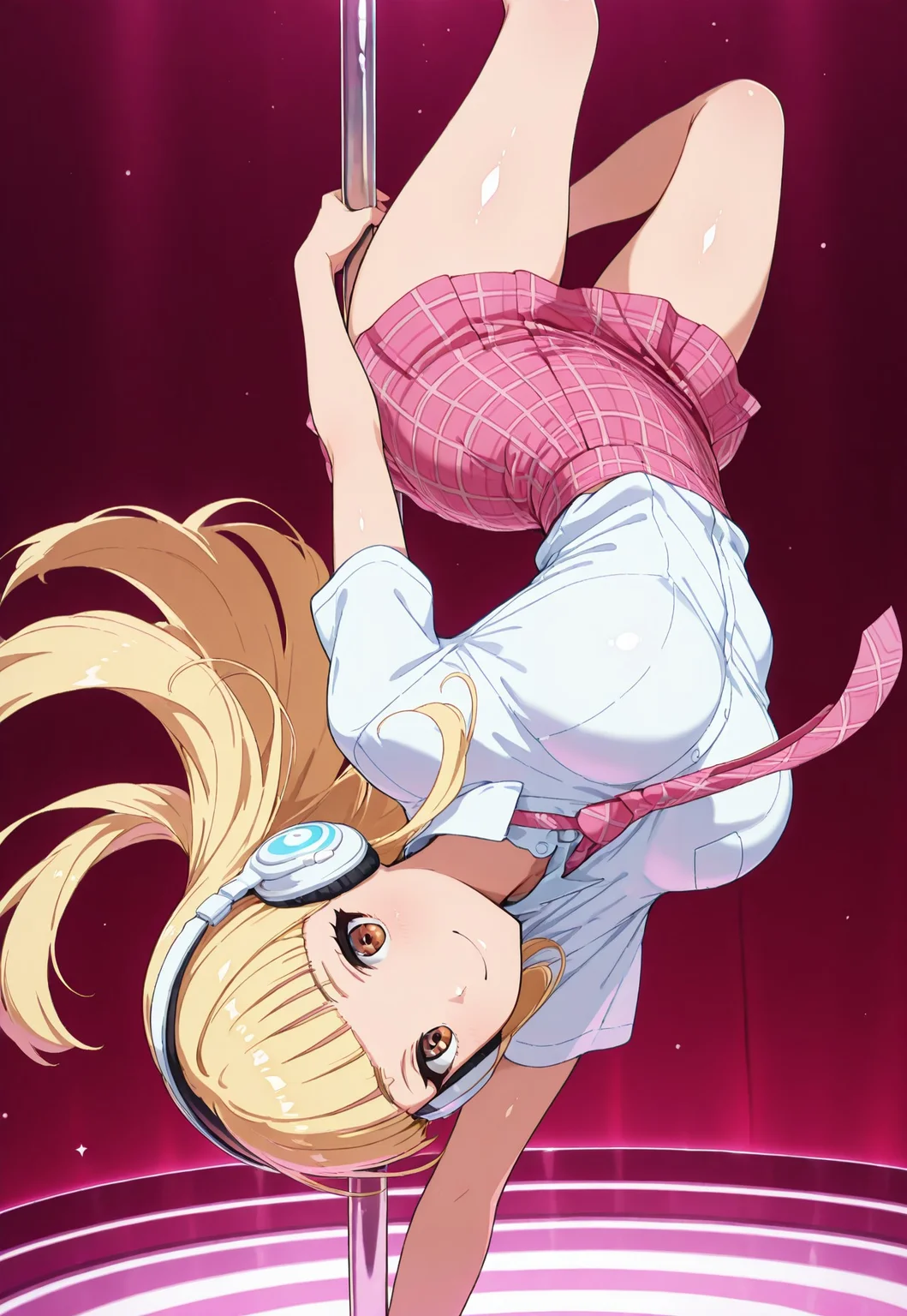 masterpiece, best quality, solo, curvy, beautiful eyes, narrow waist, wide hips, 1girl, solo, smile, looking at viewer, foreshortening, close up,  anime screenshot,    zzPearlCitron, brown eyes, blonde hair, long hair, straight hair, blunt bangs,   white headphones, pink necktie, collard shirt, white shirt, plaid skirt, pink skirt, shirt tucked in,   ,<lora:PearlRakuCitronOC_IXL:1.0>, shiny skin,
<lora:pole-dancing-upside-down-illustriousxl-lora-nochekaiser:1>, pole dancing, dancing, pole, stripper pole, floating hair, holding, leaning back, leg up, legs, looking at viewer, smile, solo, spread legs, upside-down, 