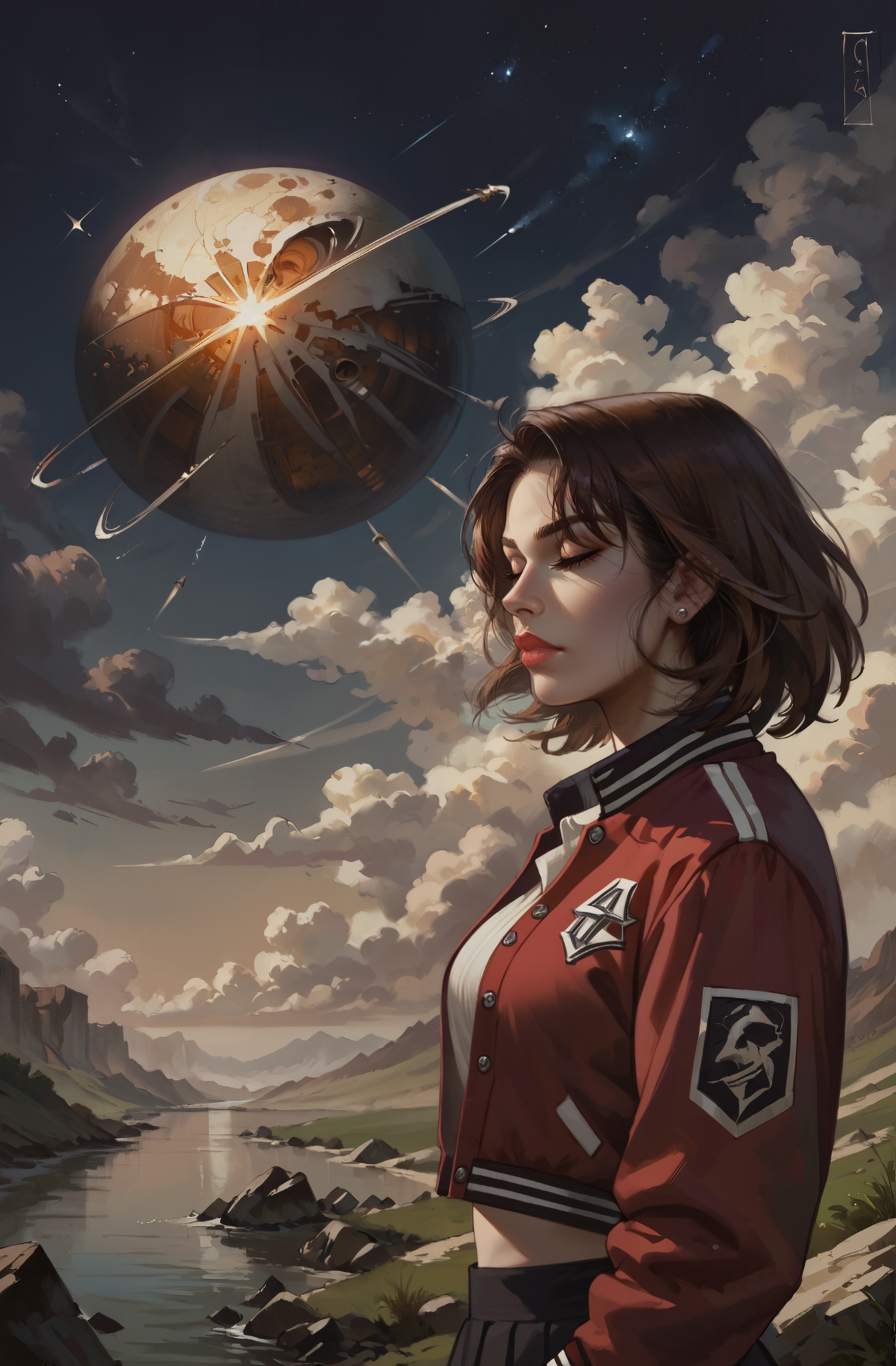 score_9_up, score_8_up, score_7_up, Casual, detailed background, masterpiece, 
1woman, sci-fi, (Death Star:1.2), scenery, partial cloudy, focus face, (side view:1.2), (by night:1.4), upper body,
BREAK
BREAK
1woman, white shirt, (letterman jacket:1.3), floating brown hair, serious, closed eyes, midriff,
original,
<lora:incase---1:0.4>  <lora:4byssXLP:0.8> 4byss <lora:Concept Art DarkSide Style LoRA_Pony XL v6_366344:0.7>  <lora:CTXLP:0.6> ct