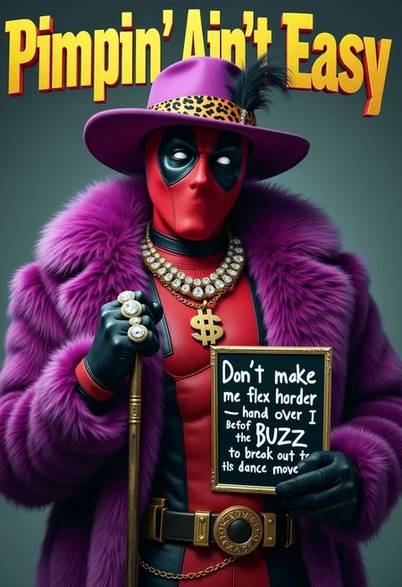 At the top of the image, bold golden letters spell out "Pimpin’ Ain’t Easy." The focus is a photorealistic image of Deadpool, decked out as an outrageous pimp. He’s rocking a luxurious purple fur coat, a wide-brimmed hat with a feather and leopard-print band, and holding a silver-tipped cane. Deadpool is dripping with bling—diamond rings and a golden dollar sign necklace that catch the light in a dazzling display. His expression is a signature Deadpool smirk, oozing confidence and irreverence as he strikes a pose. ((Holding a black sign with white chalk letters saying "Don’t make me flex harder—hand over the Buzz before I have to break out the dance moves."))The background is kept minimal, ensuring that Deadpool’s over-the-top ensemble is the star of the show. Masterpiece quality, highly detailed, capturing the humor and absurdity of the scene.