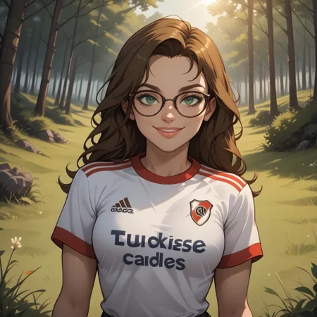 score_9, score_8, BREAK, solo, brown hair, dark green eyes, glasses, lips, RiverPlate, striped shirt, striped, shirt, white shirt, short sleeves, clothes writing, sportswear, soccer uniform, breasts, Ally_(Disventure_Camp), cute, sexy pose, self portrait, smile, looking at viewer, outdoors, sunlight, shadows, evening lighting, natural lighting, forest, trees, grass, orange sky, sunset