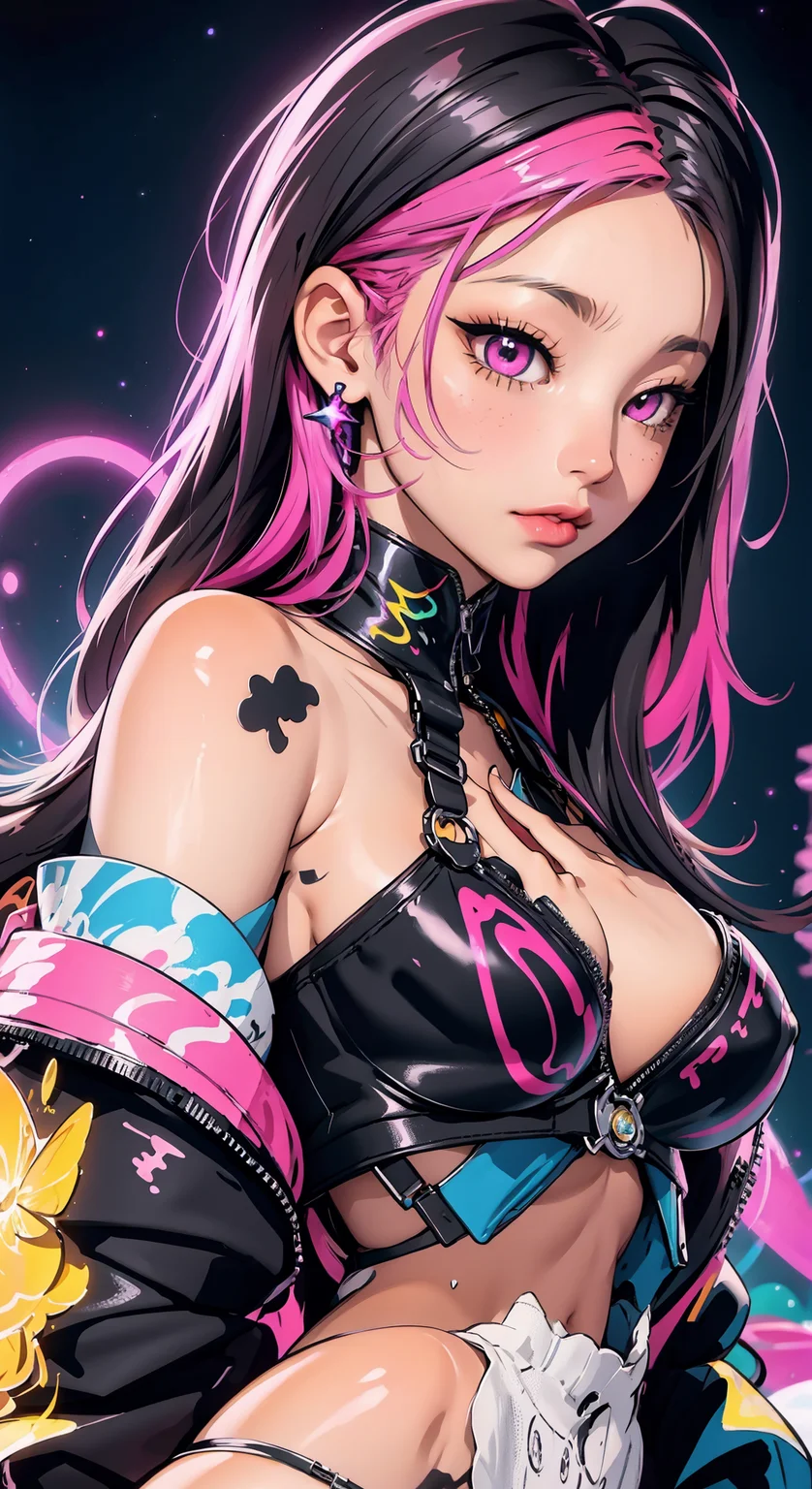 A stunning woman with vibrant neon hair, glowing in the midst of galaxy formations, painted by david diaz and sakimichan, detailed and realistic textures, vibrant colors, surreal and mysterious, hyperrealistic, modern art, digital painting, trending in Artstation, cinematic lighting, and dynamic composition., High detailed , phlg, black hair, pink highlight, no bra, <lora:EMS-44170-EMS:0.300000>, , <lora:EMS-63140-EMS:0.800000>
