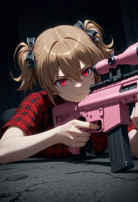 solo, 1girl, <lora:Irisu_Makina_20:1>, red eyes, brown hair, hair between eyes, short hair, short twintails, hair bow,
M4k1Ed3n, black bow, red shirt, plaid shirt, breast pocket, short sleeves, black necktie, out of frame, 
dark, lying, on ground, on stomach, bipod, pink sniper rifle, pink scope, head tilt, aiming, serious, trigger discipline, very awa, masterpiece, best quality, highres, absurdres