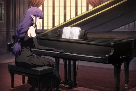 anime screencap, anime coloring, detailed face, masterpiece, best quality, very aesthetic, absurdres, volumetric lighting, official style, amazing quality, ultra detailed, highres, amazing quality, scenery, beautiful detailed hair, beautiful detailed eyes, detailed fingers,
nsfw, uncensored,
<lora:Esil_Radiru_Solo_Leveling_Arise:1>
in a room,
Esil Radiru, piano, instrument, 1girl, grand piano, purple hair, music, pointy ears, playing instrument, sheet music, solo, black dress, window, long hair, indoors, elbow gloves
