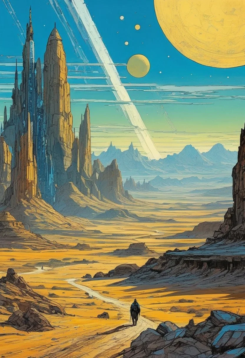 <lora:kallmekris:0.5> kallmekris mixed with <lora:esme_sdxl:0.5> esme , blue, white and yellow color, blue color tone, Background is stunning alien desert, desert village scenery, desert planet, new planet, alien settlement, alien world detailed and intricate environment, oil painting, palette knife soft brushstrokes, heavy strokes, dripping paint, art station on trend, sharp focus, intricate details, highly detailed ,art by enki bilal, art by philippe druillet, art by moebius, inspired by french comics art ,art by Jakub Rozalski, 1920+ Poland
