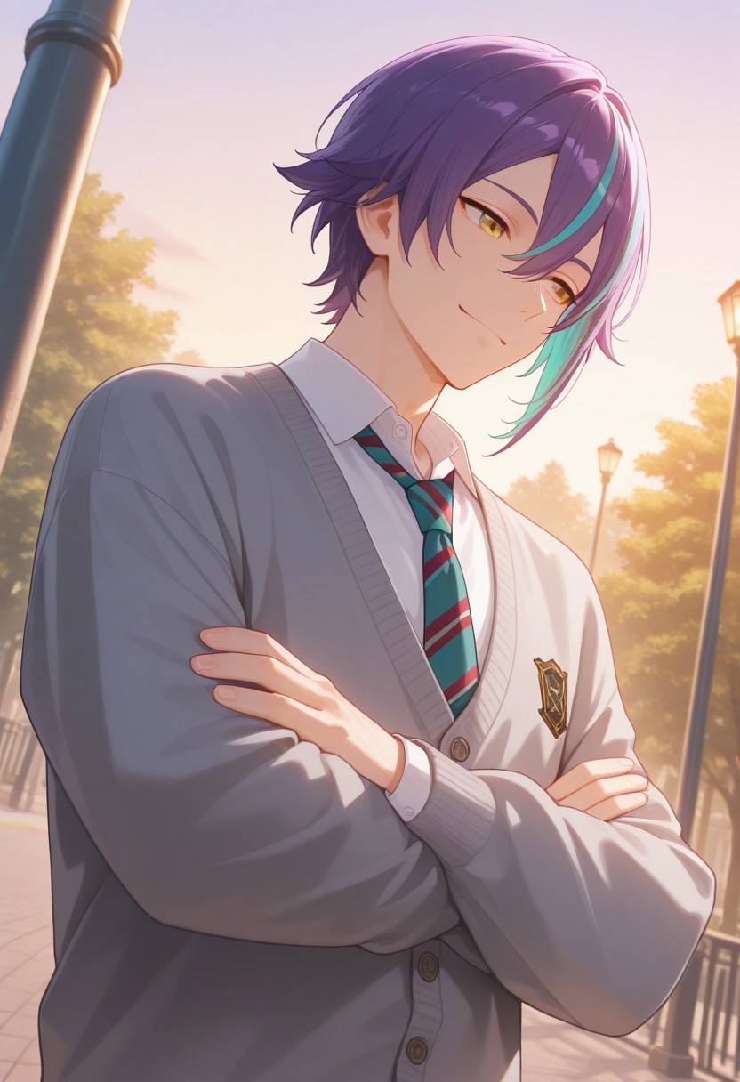 masterpiece, best quality, very aesthetic, absurdres, short hair, yellow eyes, purple hair, aqua hair, streaked hair, male focus, 1boy, ruikun, necktie, shirt, striped necktie, crossed arms, collared shirt, lamppost, hair between eyes, solo, white shirt, grey cardigan, school uniform, diagonal-striped necktie, fingernails, smile, cardigan, dutch angle, outdoors, long sleeves, closed mouth, buttons