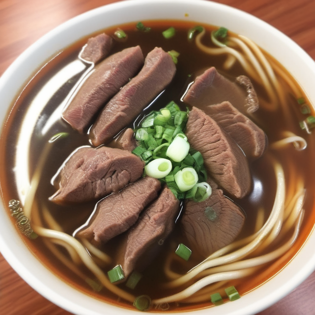 A photorealistic image of a bowl of beef noodle soup, featuring tender chunks of beef and a rich, aromatic broth. The soup should be garnished with chopped green onions and have a deep, reddish-brown color indicative of a red-braised cooking style. The surface of the broth should have visible oil droplets, adding to the richness and depth of flavor. The bowl should be placed on a wooden table or a traditional Chinese setting, and perhaps accompanied by a pair of chopsticks and a spoon, <lora:beef_noodle:0.75>,twbeefnoodle