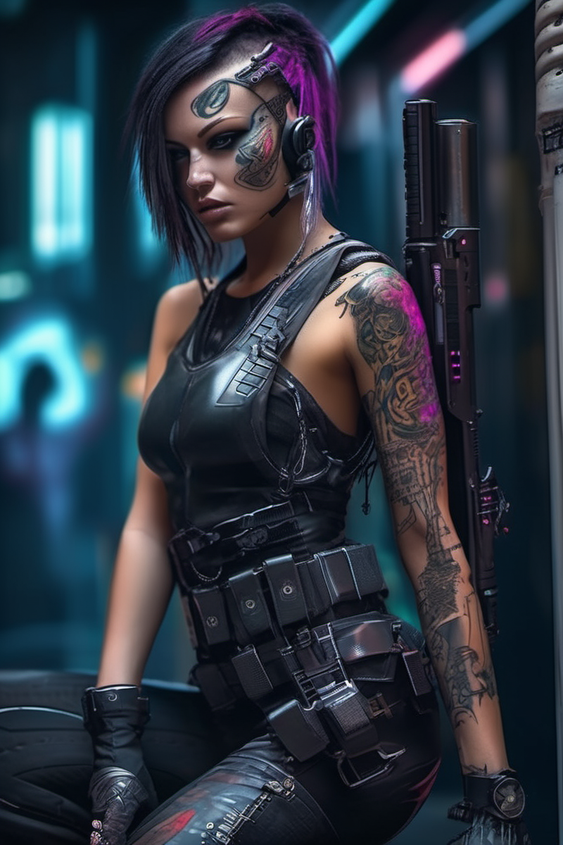 <lora:cyberpunk_xl-000004:1> cyberpunk a beautiful women, weapons, boots, tattoos, ninja