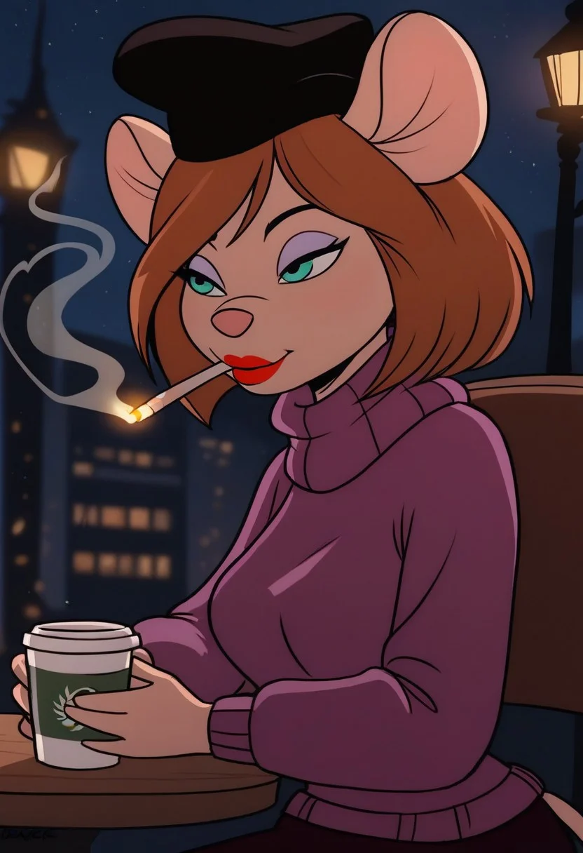score_9, score_8_up, score_7_up, ultra quality
outdoors, Paris city, night, ffltwr_far
1girl, desiree d'allure, anthro, furry, mouse, mouse ears, mouse tail, red lips, light purple eyeshadow, brown hair, short bob cut, side-swept bangs, aqua eyes
black hat, purple sweater, turtleneck sweater, long sleeves, dark purple skirt, break
cafe, sitting on chair at the table, 3/4 side view, pleasured, smoking cigarette, coffee cup in hand