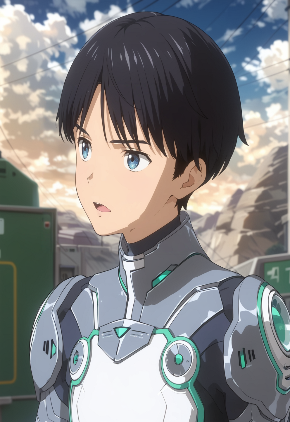 score_9,score_8_up,score_7_up,score_6_up,source_anime,masterpiece,best quality,high-detailed,Ray Tracing,<lora:KOJIMA:1>,1boy,Daisuke DojimaB,blurry ground,blurry,blue eyes,male focus,solo,black hair,cloud,sky,anime coloring,open mouth,cloudy sky,upper body,pilot suit,mountain,outdoors,looking to the side,