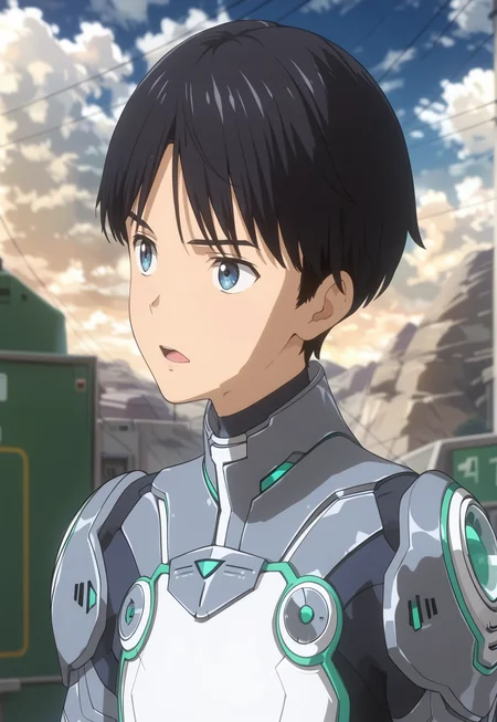 score_9,score_8_up,score_7_up,score_6_up,source_anime,masterpiece,best quality,high-detailed,Ray Tracing,<lora:KOJIMA:1>,1boy,Daisuke DojimaB,blurry ground,blurry,blue eyes,male focus,solo,black hair,cloud,sky,anime coloring,open mouth,cloudy sky,upper body,pilot suit,mountain,outdoors,looking to the side,