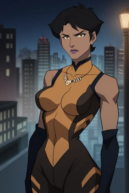 <lora:vixen v2 xl_epoch_10:1> black hair, brown eyes, short hair, dark-skinned female, lipstick, purple lips, large breasts, (vx_hero, tooth necklace, turtleneck, elbow gloves, yellow bodysuit, bare shoulders, skin tight, superhero, sleeveless, impossible clothes, leotard, unitard), (serious, looking at viewer, standing), (city, night, street),, score_9, score_8_up, score_7_up, score_6_up, 16k, masterpiece, absurdes, highly detailed, highres, high quality, best quality