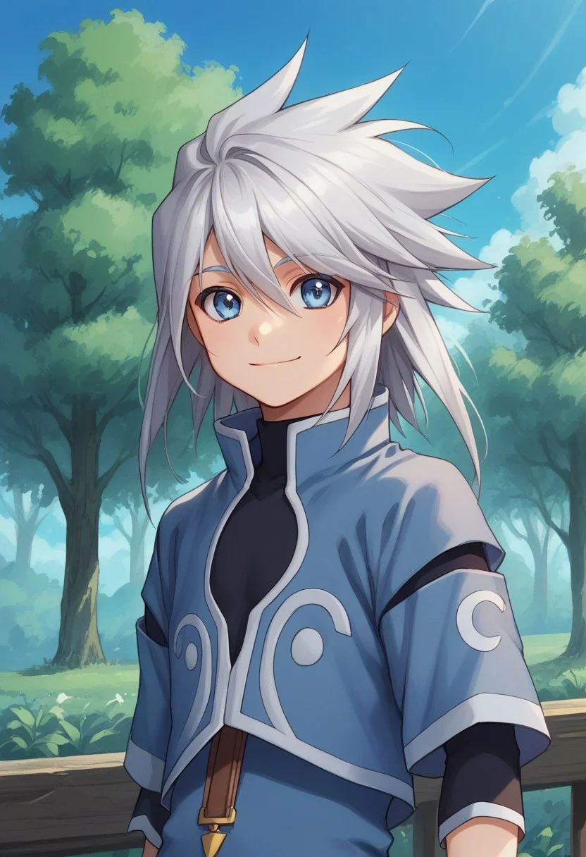 score_9, score_8_up, score_7_up, source_anime, highly detailed,
genis, solo, male focus, 1boy, long hair, smile, shirt, shorts, jacket, black shirt, blue jacket, standing, looking at viewer, bracelet, jewelry, silver hair, upper body, blue eyes, slender, skinny
outdoor, sky, tree,