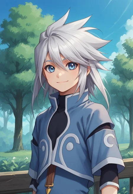 score_9, score_8_up, score_7_up, source_anime, highly detailed,
genis, solo, male focus, 1boy, long hair, smile, shirt, shorts, jacket, black shirt, blue jacket, standing, looking at viewer, bracelet, jewelry, silver hair, upper body, blue eyes, slender, skinny
outdoor, sky, tree,