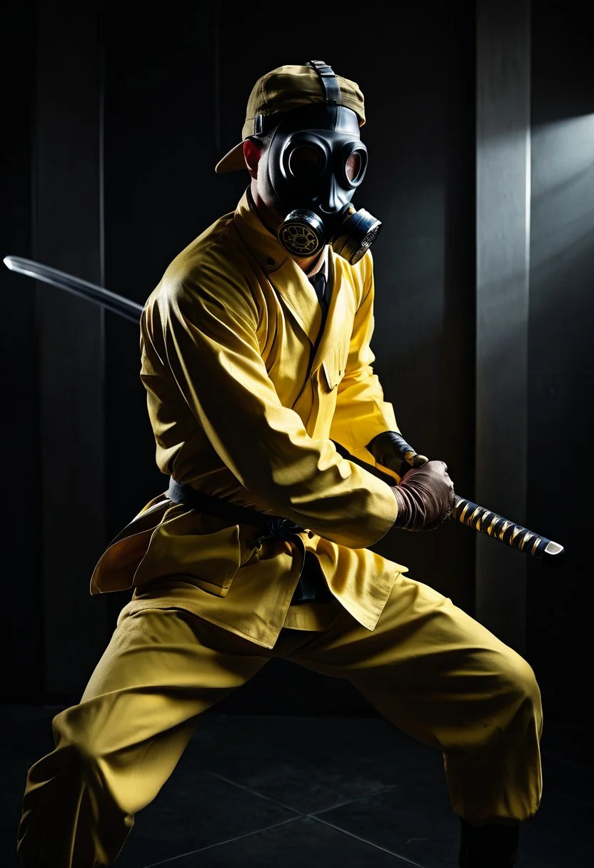 Bio Style, from above, a stunning film noir still photograph, a (scientist wearing yellow protection suit with gas mask/) (weapon, holding sword, battoujutsu, battoujutsu stance, ready to draw, sheathed, unsheathing, scabbard), (full body, fight stance:1.2), perfect body, perfect katana, perfect hands, masculine perspective,
dramatic cinematic film noir lighting,
very strong contrast, dramatic Lighting,
strong visual contrast, terrifying,
Tsutomu Nihei, cinematic film style, special effects, VFX, award-winning picture, highly detailed, ultra-high resolutions, 32K UHD, sharp focus,
(photorealistic:1.5), (Extremely realistic, masterpiece, top quality, official art, best quality, beautiful and aesthetic:1.2), 4k, 8k, very rich details,