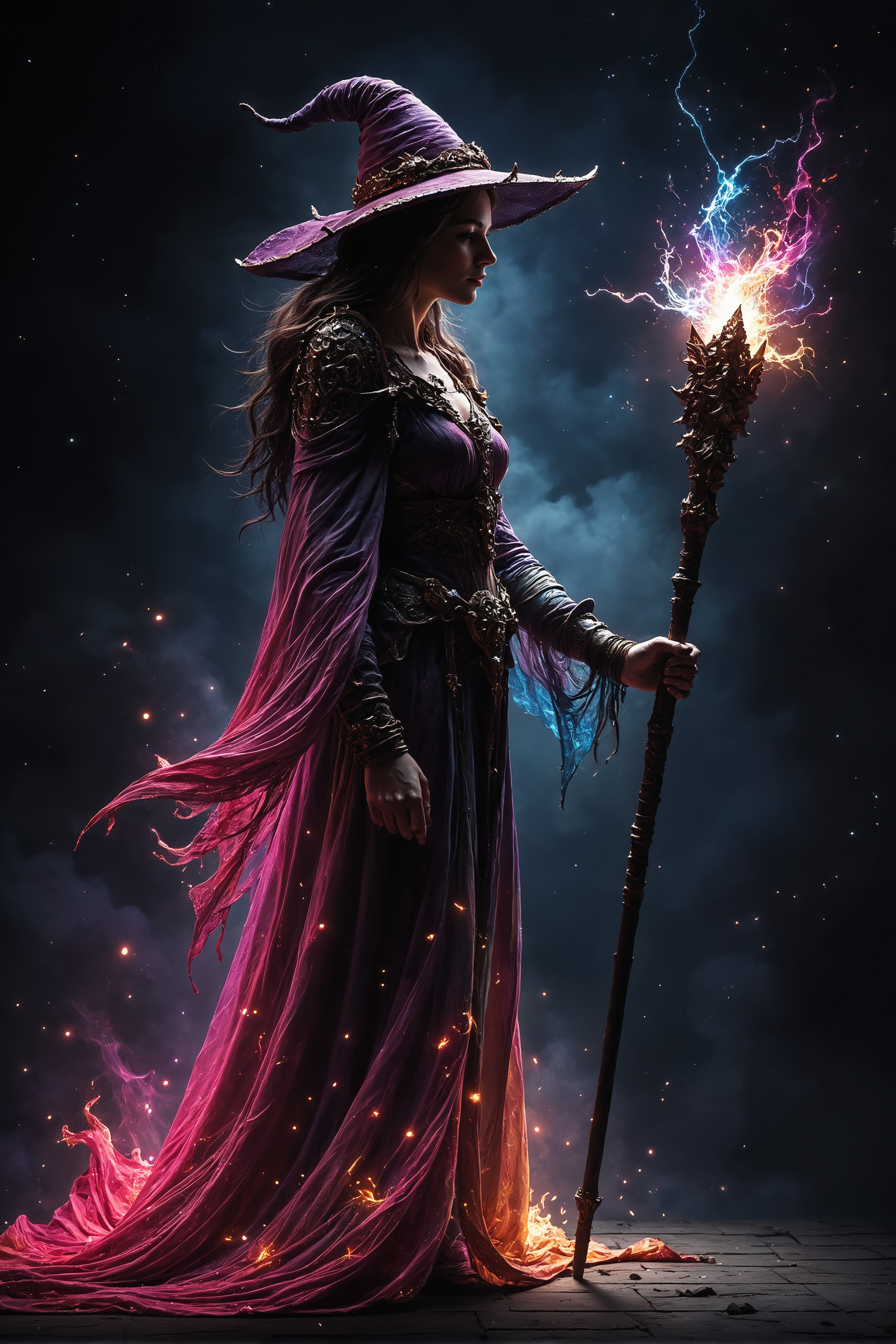 lifelike silhouetted outline against a dark background, rainbow colours, a female mage holding a magical staff, viewed from the side <lora:FredFraiStyle-FLUX-Share>